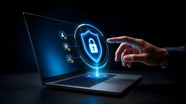 Hand touching laptop screen projecting holographic shield and padlock icons for endpoint security and identity management.