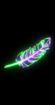 Vertical Neon Feather Animation on Black Background &ndash; Glowing Fantasy Feather Outline, Magical Light Effect, Seamless Loop, 4K Vertical with Alpha