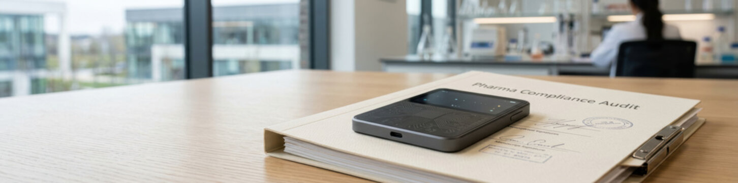 Pharmaceutical industry technology office desk with smartphone and file