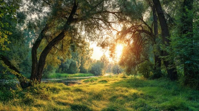 Beautiful Warm Summer Natural Landscape of a Peaceful Green Park Glade with Fresh Grass Bathed in Golden Sunlight, Serene Outdoor Scenery and Lush Meadow Under a Bright Clear Sky