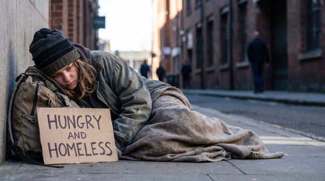 A person is sitting against a wall on the street. They hold a sign that says they are hungry and homeless. People are walking in the background. It is a busy city neighborhood