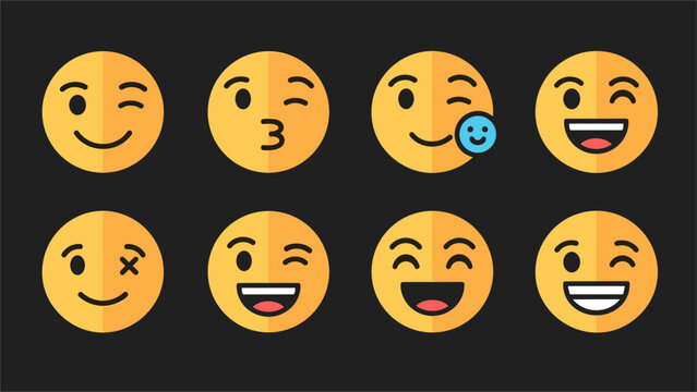 Happy yellow emoji winking faces set with different smile expressions displayed on a dark black background color.