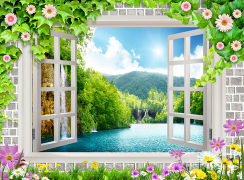 nature view through an open window with colorful flowers and leaf wallpaper design 