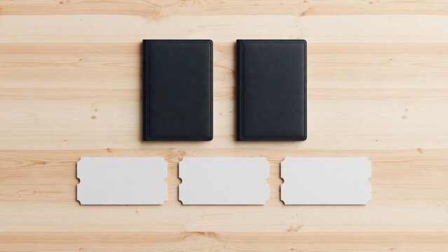 Two Black Wallets and Three White Cards on a Wooden Table.