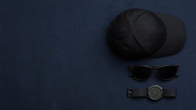 Flat lay of mens accessories including a baseball cap, sunglasses, and watch.