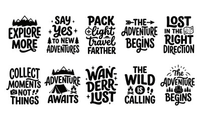 Obraz premium Adventure travel quotes collection black vector illustration on white background