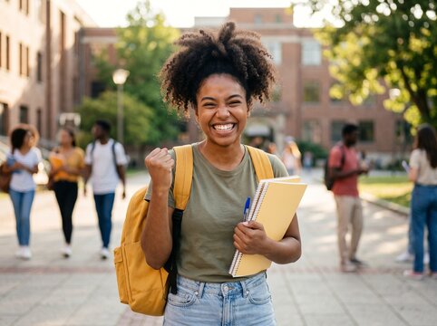 Happy female student with backpack and books celebrating success on a busy university campus with people walking in the background
