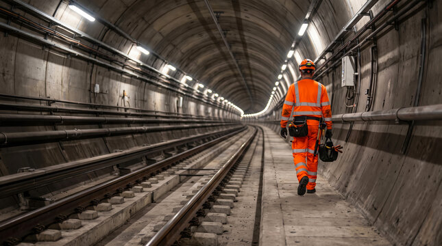 A worker in bright clothing walks alone in a tunnel that has train tracks. The scene shows a concrete structure with lights above. It is part of a construction project
