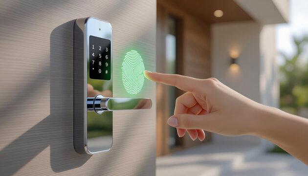Close Up Hand Touching Smart Door Lock With Biometric Fingerprint Scan Graphic