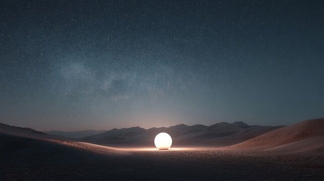 Dreamlike Desert Landscape with Glowing Light Sphere Under a Star Filled Night Sky, Vast Sandy Dunes Illuminated by Ethereal Light Beneath a Deep Cosmic Sky