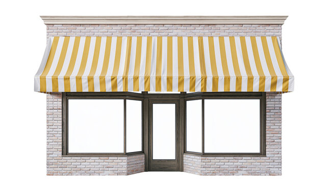 Striped awning over storefront with brick facade and bay windows