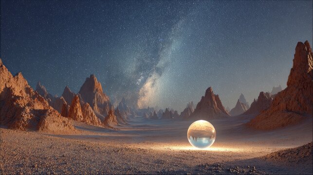 Dreamlike Desert Landscape with Glowing Light Sphere Under a Star Filled Night Sky, Vast Sandy Dunes Illuminated by Ethereal Light Beneath a Deep Cosmic Sky