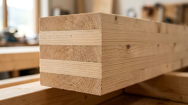 Glued Laminated Timber Beam in Workshop, Engineered Wood Construction Material Close-up