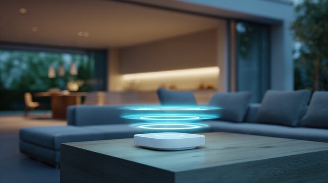 White rectangular electronic device with glowing blue rings sits on a wooden table indoors object