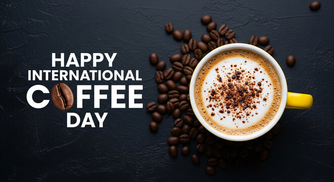 Coffee cup in a cafe and coffee beans in a sack on a black background from above