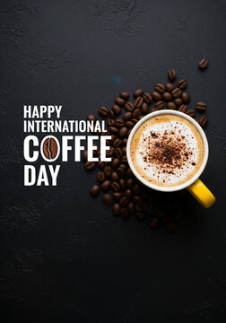 Coffee cup in a cafe and coffee beans in a sack on a black background from above
