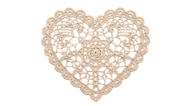 Beige crochet lace heart doily with floral motif on a transparent background