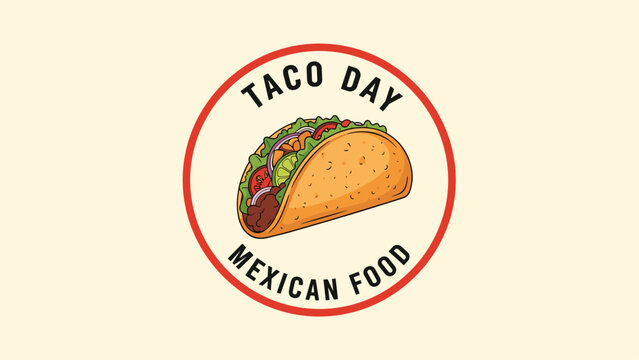 Taco Day Mexican food logo design featuring a delicious taco with fresh ingredients inside a red circular frame.