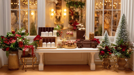Obraz premium Festive Christmas dessert table with chocolates, cakes, wrapped gifts, flowers, and decorated trees by a window. Warm, cozy holiday atmosphere with gold and red accents.