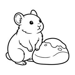 Obraz premium A cute cartoon hamster standing beside a small round loaf of bread, simple black and white line for coloring book, white background