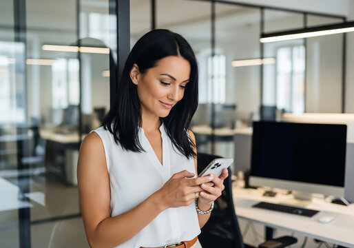 Young woman uses smartphone at office desk. Smiling lady in blue shirt interacts with mobile phone while working with laptop and papers. Modern workplace environment.