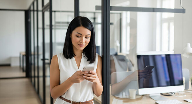 Young woman uses smartphone at office desk. Smiling lady in blue shirt interacts with mobile phone while working with laptop and papers. Modern workplace environment.