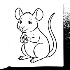 A cute cartoon mouse holding a small nut in its paws, simple black and white line for children coloring book page on white background