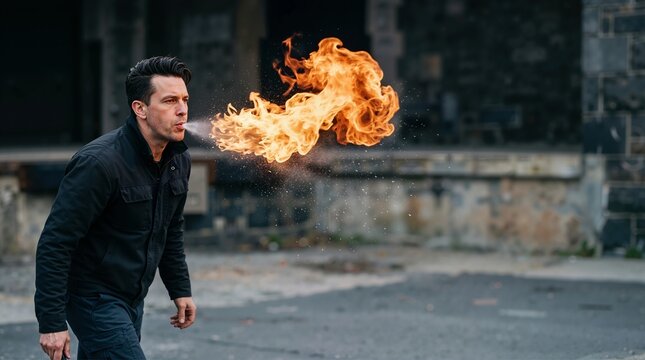 Man breathing fire with fuel spray in an urban setting. Performer creating a large orange fireball. Extreme street performance and stunt art