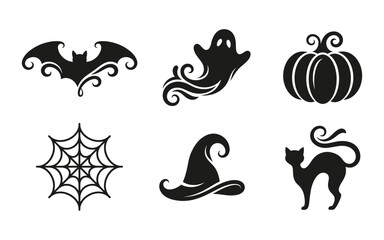 Fototapeta premium A spooky collection of classic halloween icons including a bat ghost pumpkin spiderweb witch's hat and black cat perfect for seasonal designs and festive celebrations