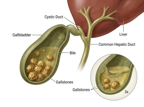 Human gallbladder with gallstones and bile illustration isolated on white background