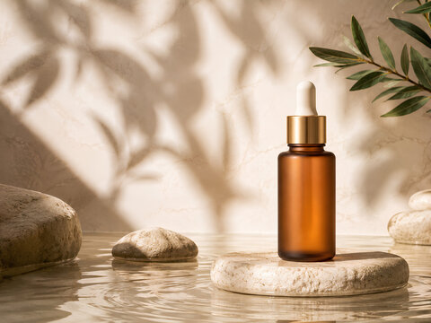 Essential oil bottle with pipette standing on stone podium surrounded by water, natural organic skincare product presentation
