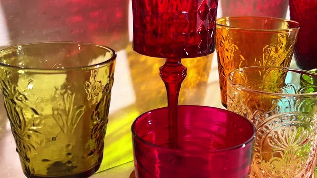 Close camera glide past a green embossed goblet and colorful glasses for table styling, home entertaining and hospitality visuals