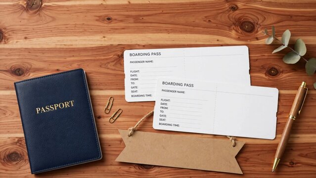 Travel Planning Essentials - Passport, Boarding Passes, and Pen on Wooden Desk.