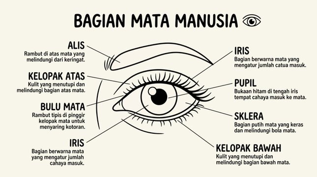 Human eye anatomy diagram with Indonesian terminology labels.