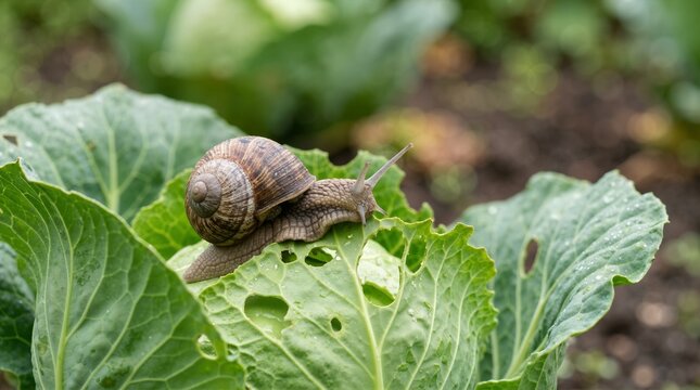 Garden snail eating holes in a green cabbage leaf. Close-up of pest damage on vegetable plant in backyard garden