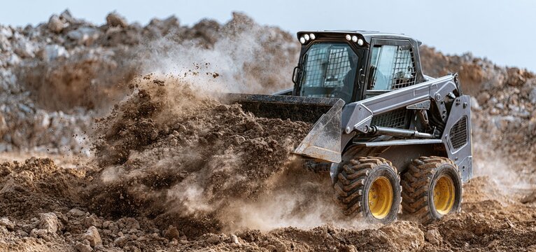 On a sunny construction site, a robust skid steer loader actively moves soil with dirt flying around.
