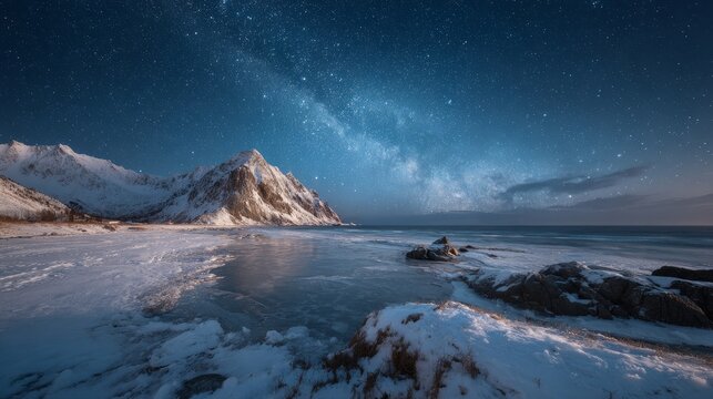Milky way above frozen sea coast and snow covered mountains at night in lofoten islands norway, arctic winter landscape with blue starry sky, icy water, snowy rocks, dramatic mountain peaks and cosmic