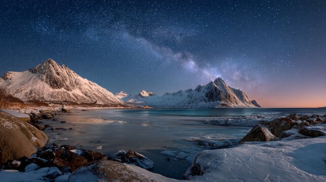 Milky way above frozen sea coast and snow covered mountains at night in lofoten islands norway, arctic winter landscape with blue starry sky, icy water, snowy rocks, dramatic mountain peaks and cosmic