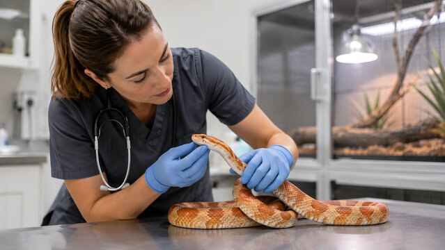 Professional Female Veterinarian Examining a Pet Corn Snake in a Modern Exotic Animal Clinic
