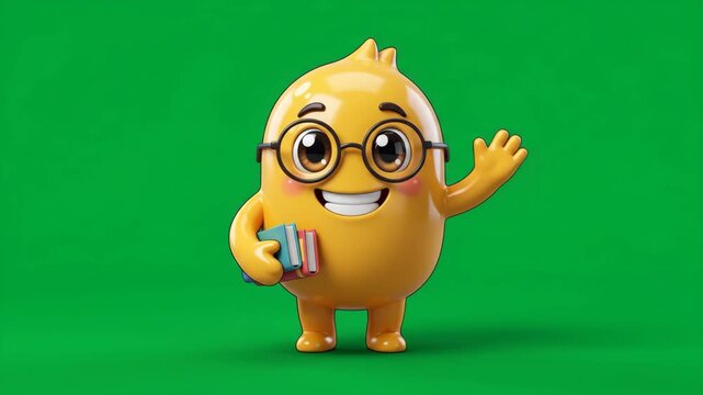 Cute 3D cartoon character with glasses holding books and waving, on a green background, representing education and learning.
