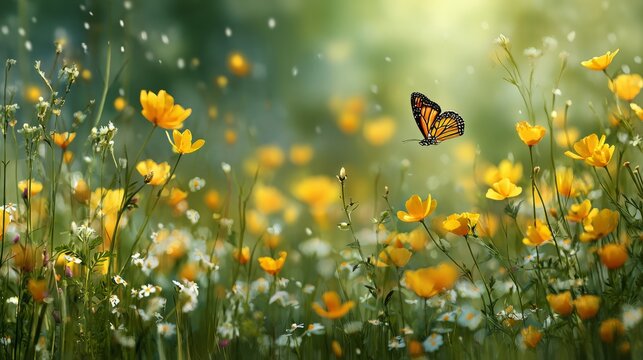 Summer yellow meadow filled with blooming wildflowers and a delicate butterfly fluttering above the vibrant field, warm natural sunlight, peaceful countryside landscape, fresh seasonal nature, bright 