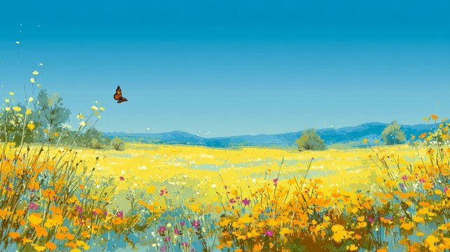 Summer yellow meadow filled with blooming wildflowers and a delicate butterfly fluttering above the vibrant field, warm natural sunlight, peaceful countryside landscape, fresh seasonal nature, bright 