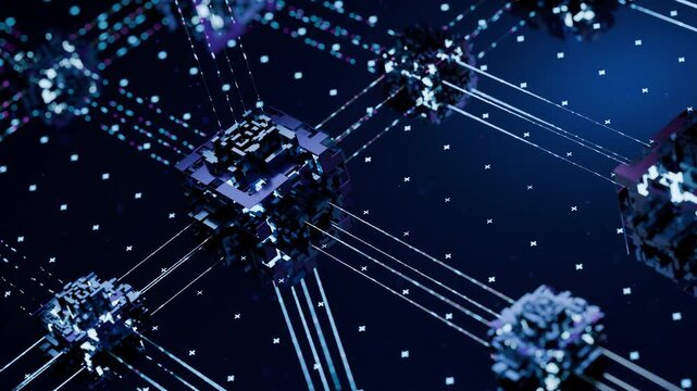 Quantum computing cube,Network communication,Ai,Big data structure with node data network line connection concept,artificial intelligence technology,blockchain infrastructure,cyber security server