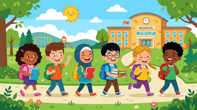Children walking to school with backpacks and books