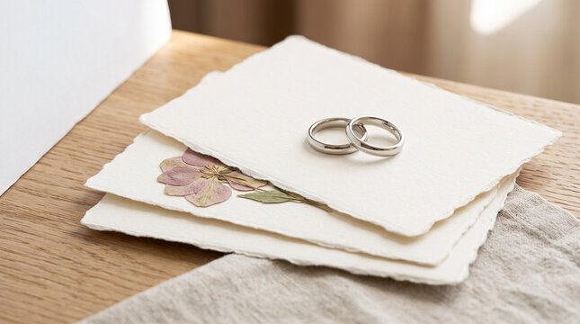 Silver wedding rings on handmade paper with pressed flower on wooden table