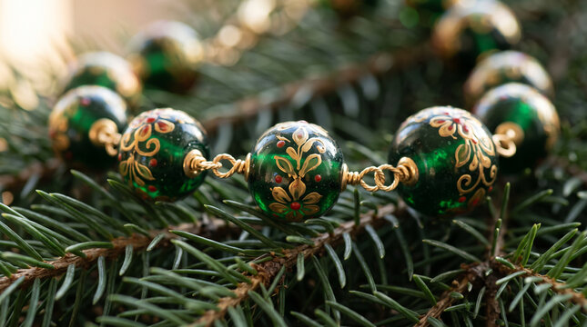 Vintage green glass bead garland with gold floral pattern on pine branch