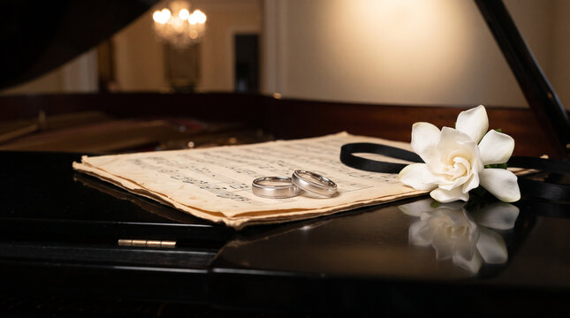 Silver wedding rings on vintage sheet music on grand piano with white flower