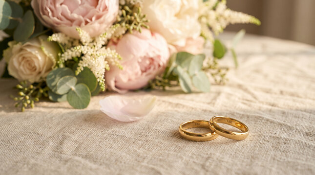 Gold wedding rings with pink peony bouquet on linen fabric with soft natural light