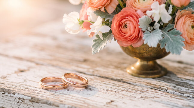 Rose gold wedding rings on rustic white wooden table with vintage peach flower bouquet