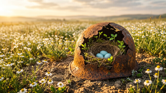 Rusty military helmet with bird nest and blue eggs in daisy field at sunset